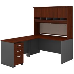 Pemberly Row Engineered Wood 60&quotW L Desk with Hutch and Drawers in Hansen Cherry