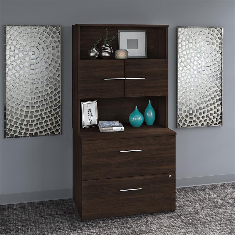 Pemberly Row Lateral File Cabinet with Hutch in Black Walnut - Engineered Wood