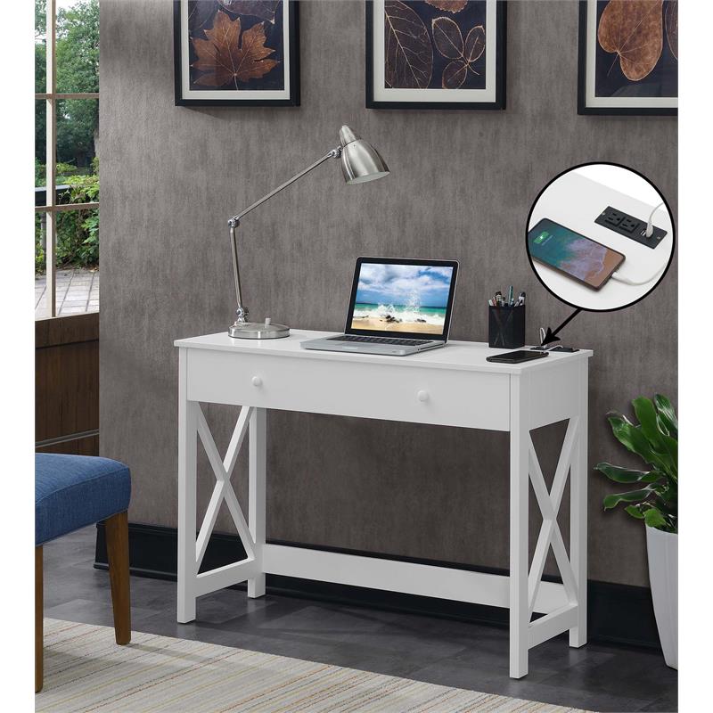 Pemberly Row 42-Inch Desk with Charging Station in White Wood