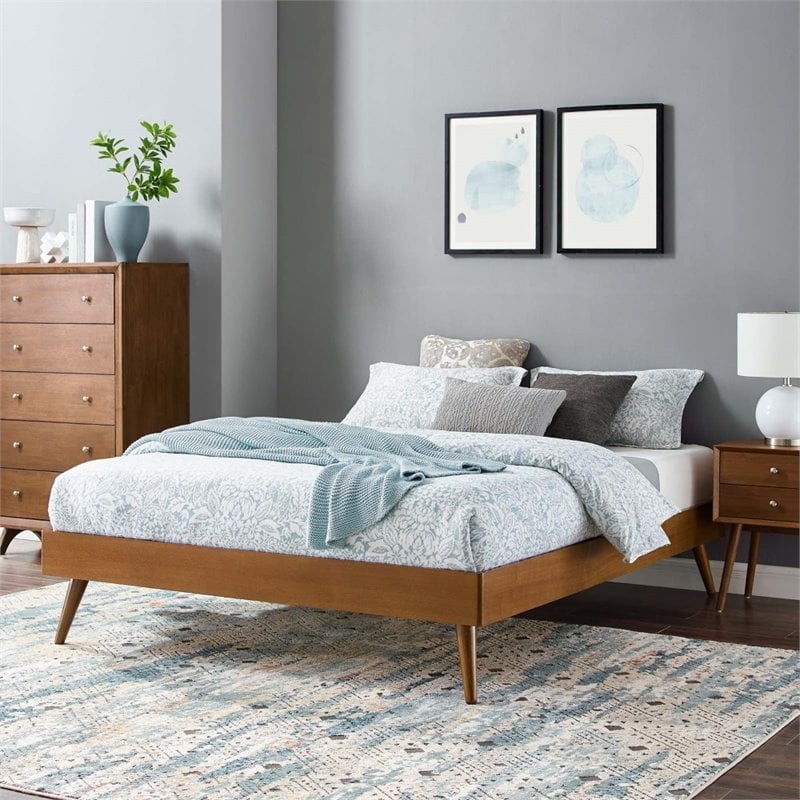 Pemberly Row Queen MDF Wood and Rubberwood Platform Bed Frame in Walnut