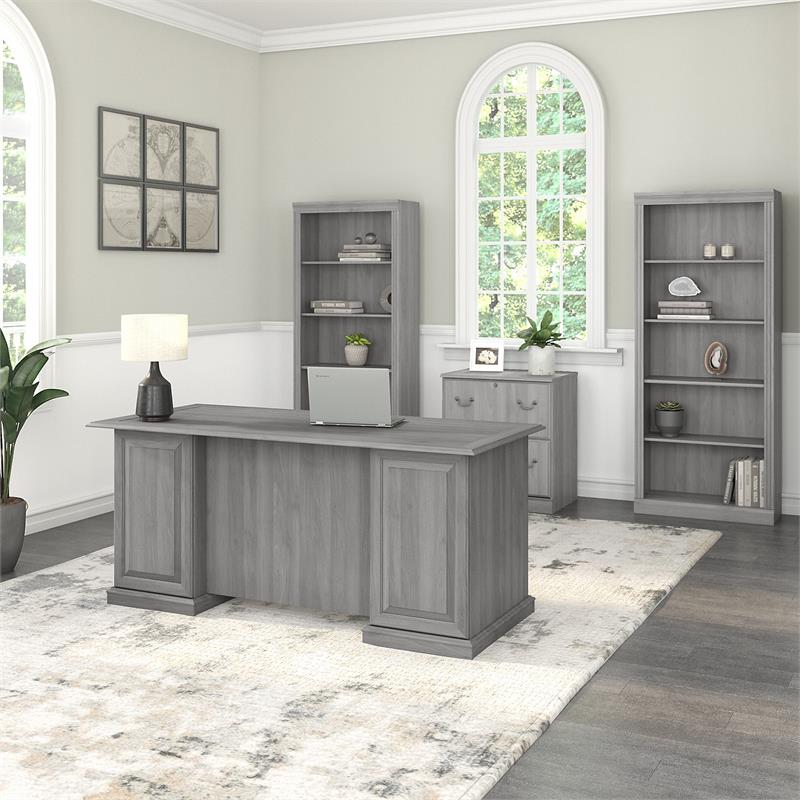 Pemberly Row Executive Desk with Storage Set in Modern Gray - Engineered Wood