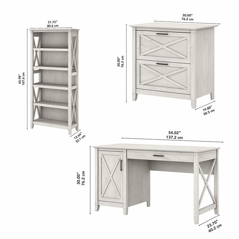 Pemberly Row Wood Computer Desk with File Cabinet and Bookcase - White