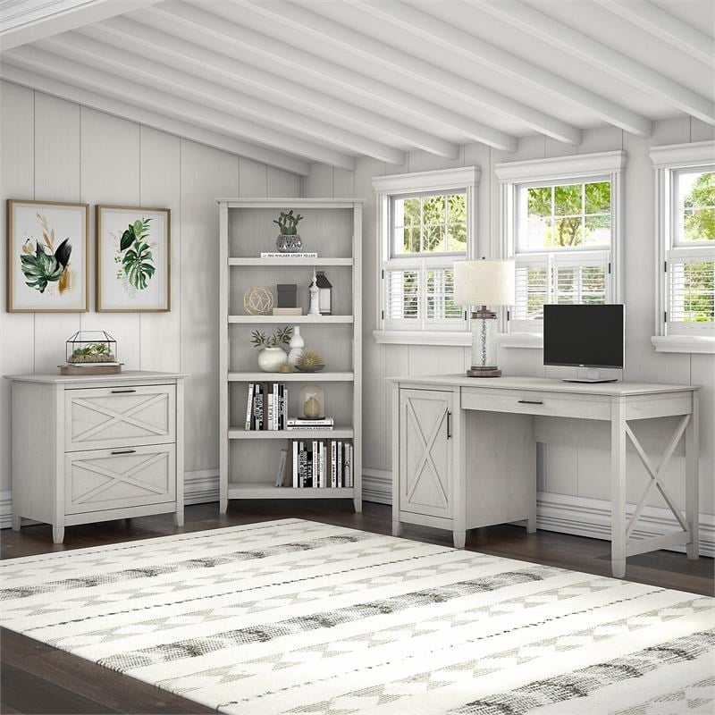 Pemberly Row Wood Computer Desk with File Cabinet and Bookcase - White