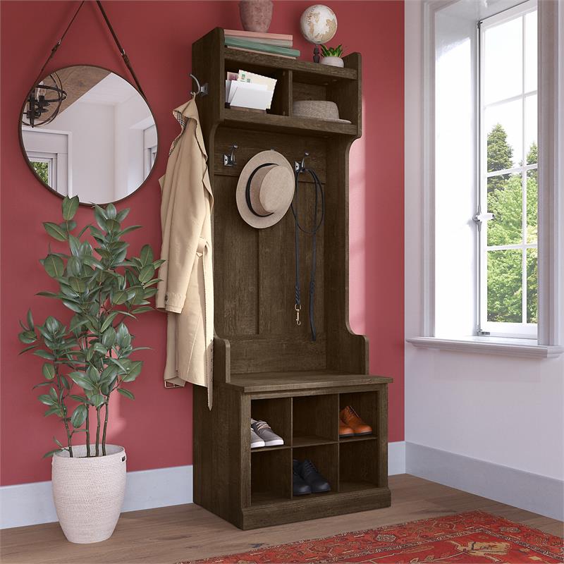 Pemberly Row Engineered Wood 24W Hall Tree & Shoe Bench with Shelves - Ash Brown