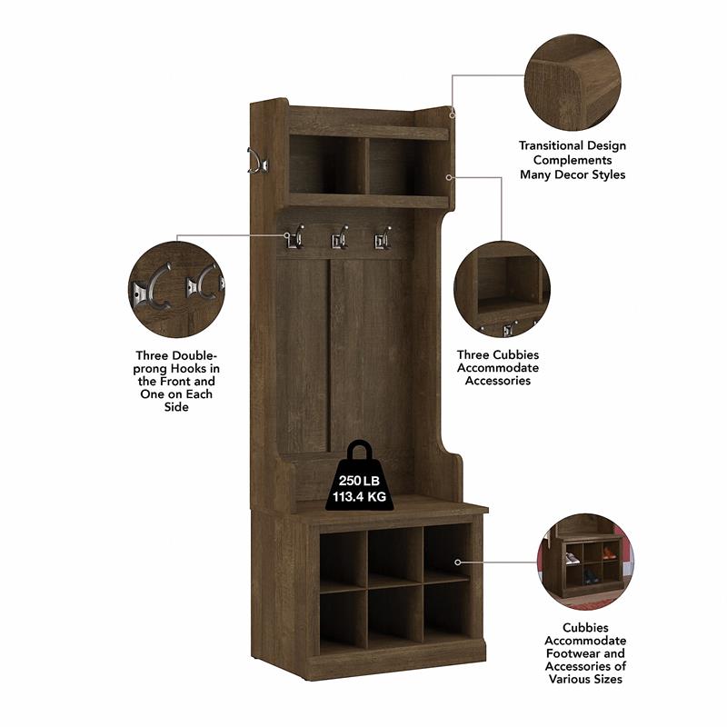 Pemberly Row Engineered Wood 24W Hall Tree & Shoe Bench with Shelves - Ash Brown