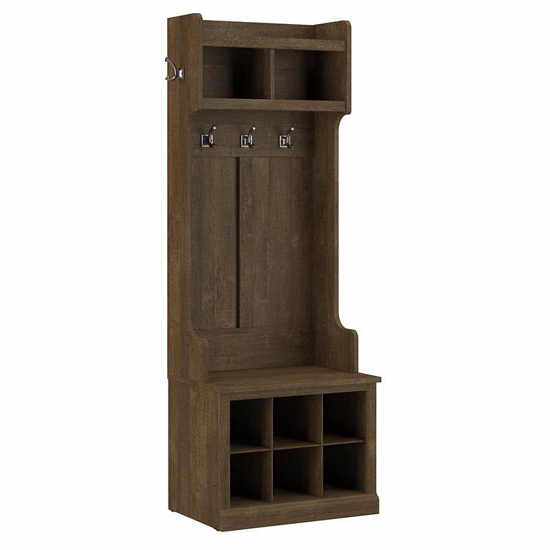 Pemberly Row Engineered Wood 24W Hall Tree & Shoe Bench with Shelves - Ash Brown