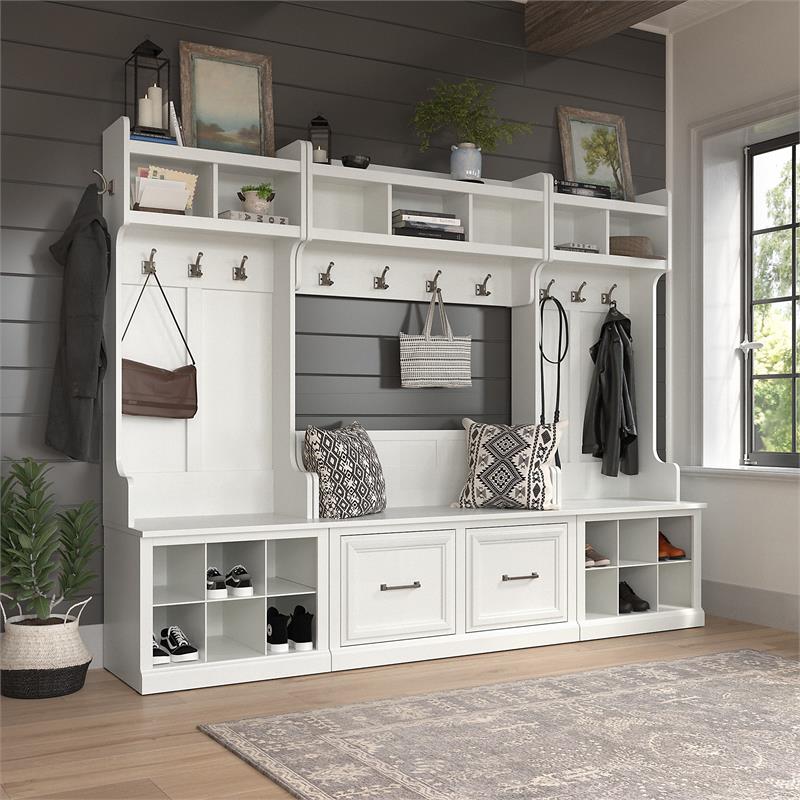 Pemberly Row Full Entryway Storage Set with Doors in White Ash - Engineered Wood