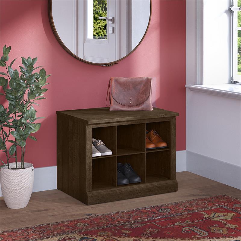 Pemberly Row 24W Small Shoe Bench with Shelves in Ash Brown - Engineered Wood