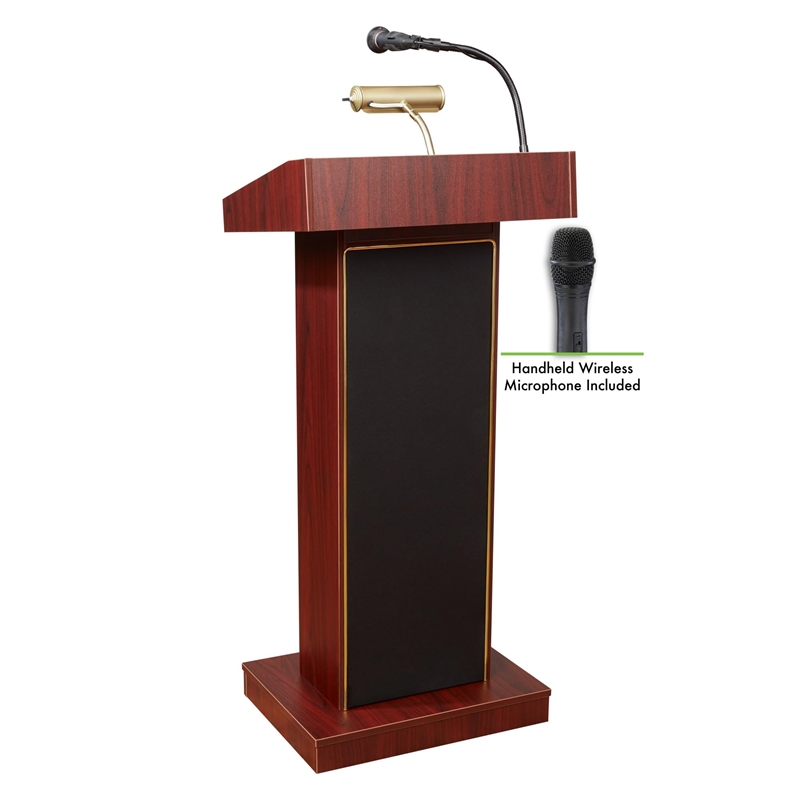 Pemberly Row Modern Lectern with Wireless Handheld Mic in Mahogany