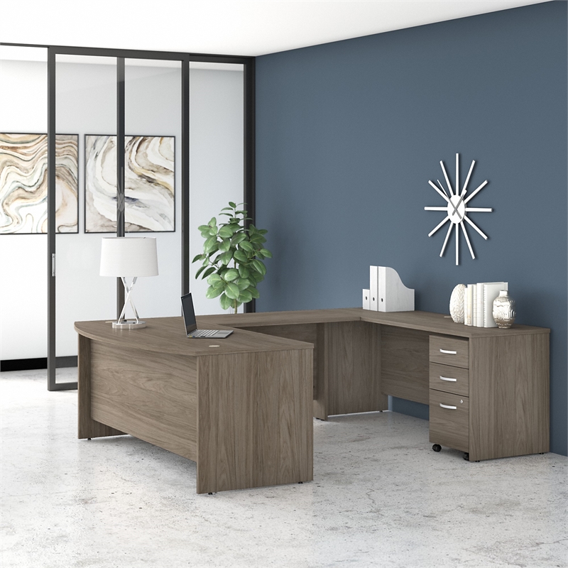 Pemberly Row 72W U Shaped Desk with Drawers in Modern Hickory - Engineered Wood