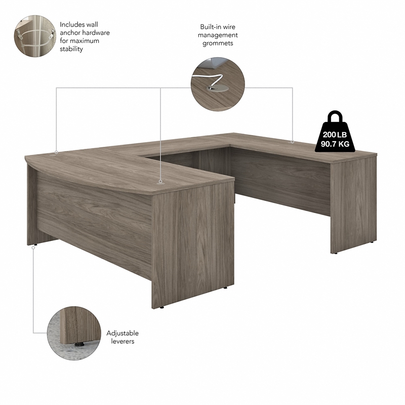 Pemberly Row 72W U Shaped Desk with Drawers in Modern Hickory - Engineered Wood