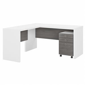 Pemberly Row Wood L Shaped Desk with Mobile File Cabinet - White & Gray