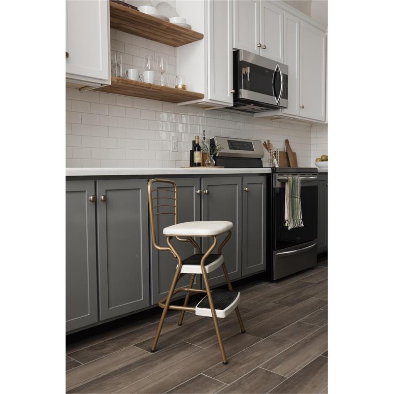 Pemberly Row Retro Chair + Step Stool with Flip-Up Seat in Gold and Cream