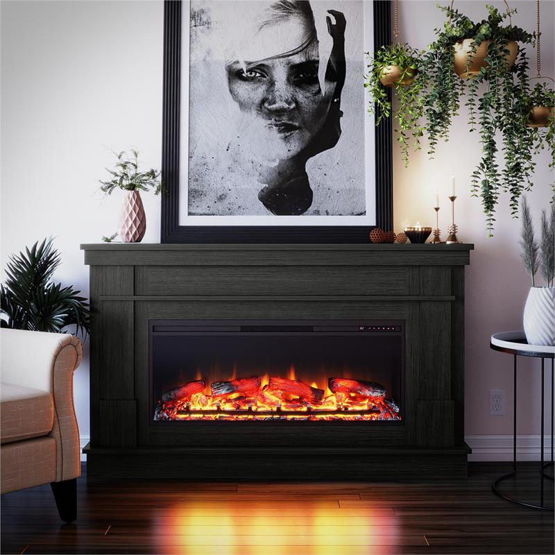 Pemberly Row Wide Mantel with Linear Electric Fireplace in Black Oak
