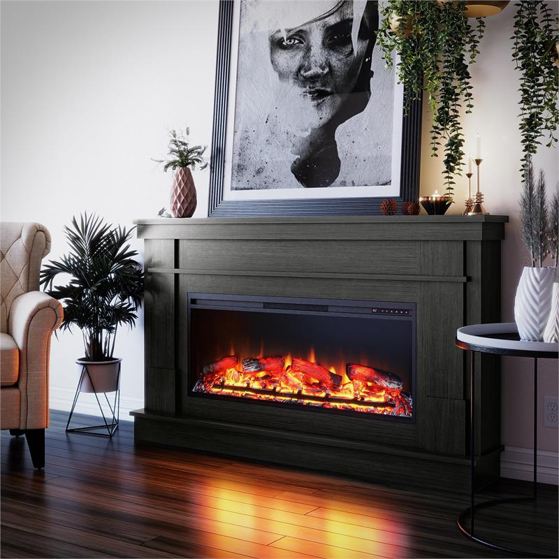 Pemberly Row Wide Mantel with Linear Electric Fireplace in Black Oak