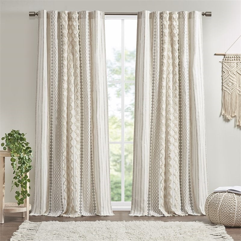 Pemberly Row Cotton Printed Window Panel with Chenille Stripe in Ivory