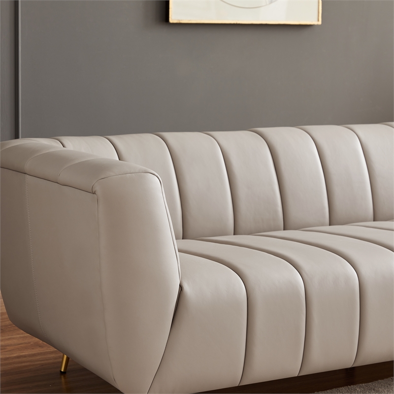Pemberly Row Modern Living Room Full Grain Leather Couch in Light Gray