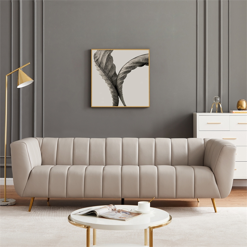 Pemberly Row Modern Living Room Full Grain Leather Couch in Light Gray