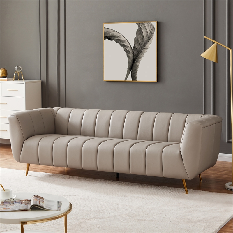 Pemberly Row Modern Living Room Full Grain Leather Couch in Light Gray