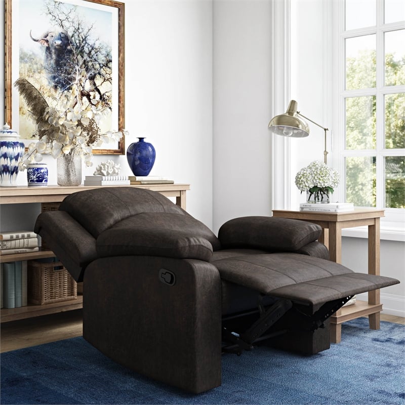 Pemberly Row Modern Recliner in Dark Brown Faux Leather Upholstery