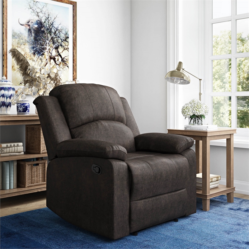 Pemberly Row Modern Recliner in Dark Brown Faux Leather Upholstery