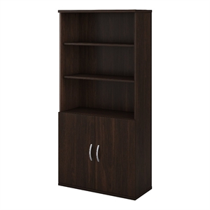 Pemberly Row Tall 5 Shelf Bookcase with Doors in Black Walnut - Engineered Wood