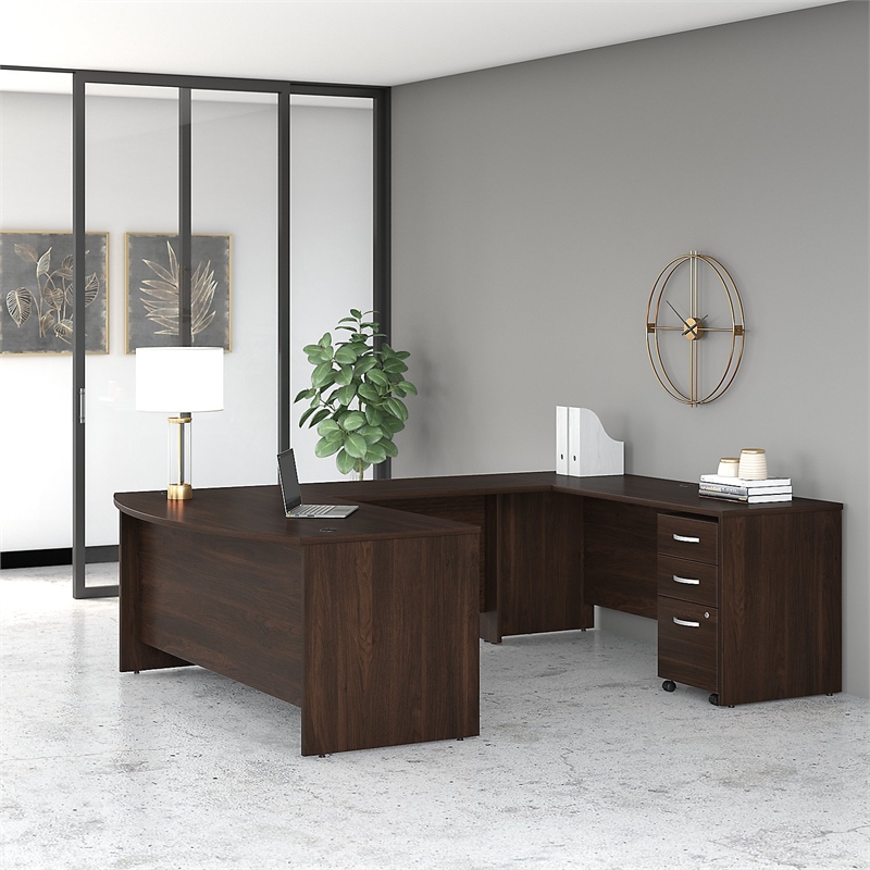 Pemberly Row Engineered Wood 72W x 36D U Shaped Desk with Drawers - Black Walnut