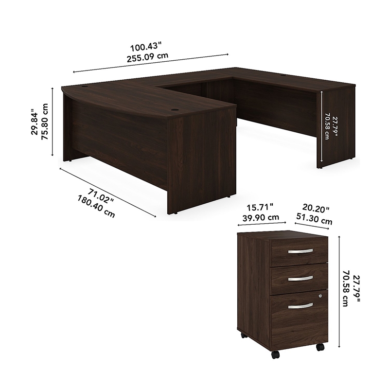 Pemberly Row Engineered Wood 72W x 36D U Shaped Desk with Drawers - Black Walnut