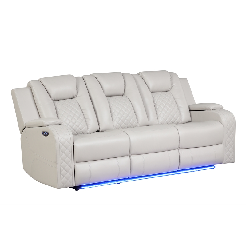 Pemberly Row LED & Power Reclining Sofa Made With Faux Leather in Ice/White
