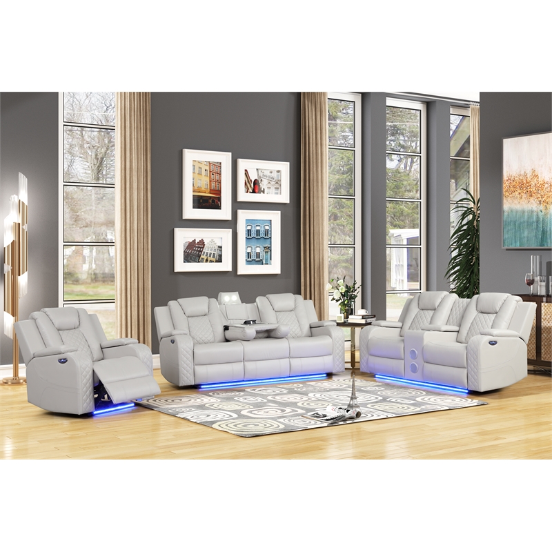 Pemberly Row LED & Power Reclining Sofa Made With Faux Leather in Ice/White
