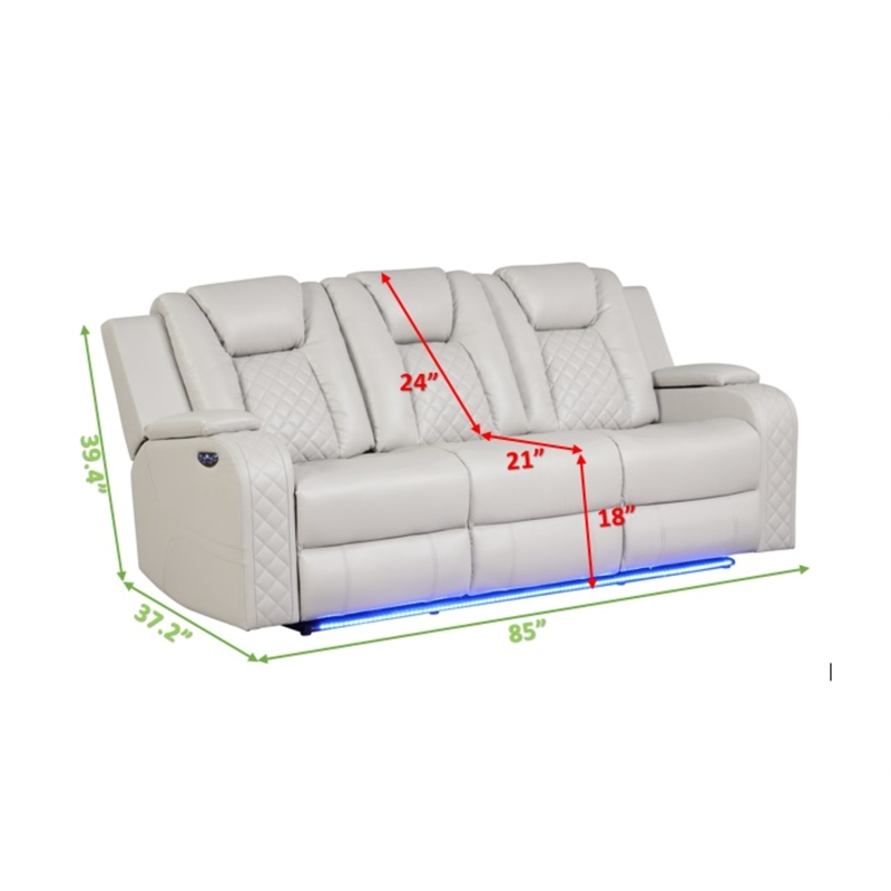 Pemberly Row LED & Power Reclining Sofa Made With Faux Leather in Ice/White