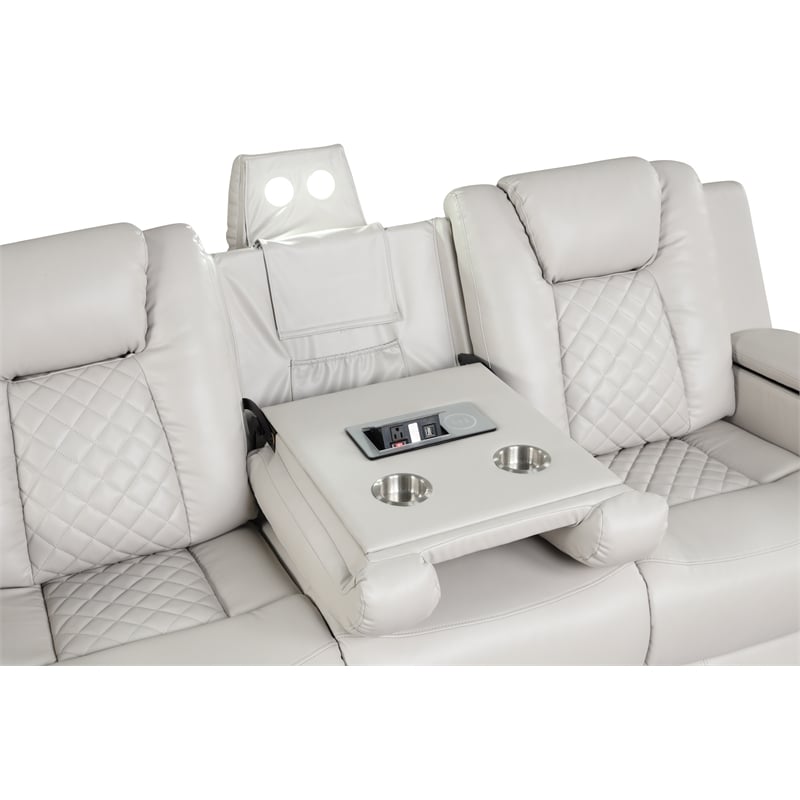Pemberly Row LED & Power Reclining Sofa Made With Faux Leather in Ice/White