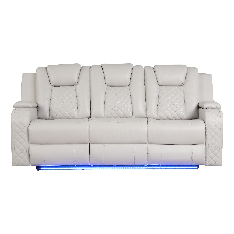 Pemberly Row LED & Power Reclining Sofa Made With Faux Leather in Ice/White