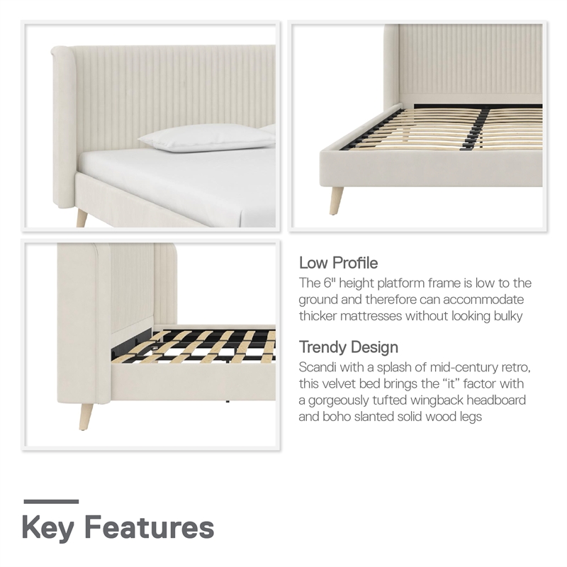 Pemberly Row Upholstered Wingback Bed Frame King Ivory Velvet