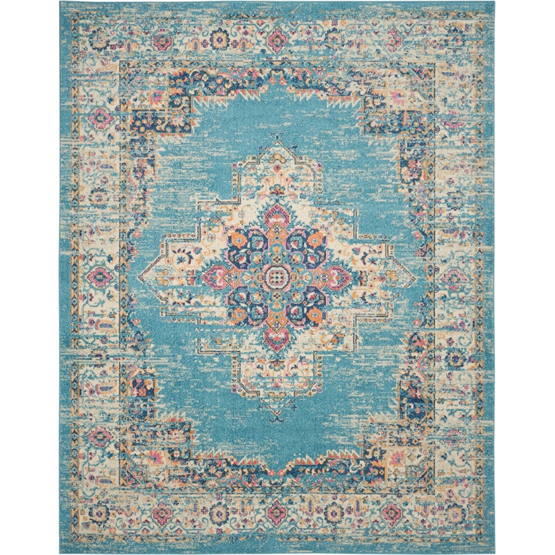 Pemberly Row 9' x 12' Ivory Light Blue Fabric Bohemian Area Rug (9' x 12')