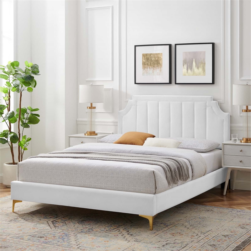 Pemberly Row Modern Performance Velvet King Platform Bed - White