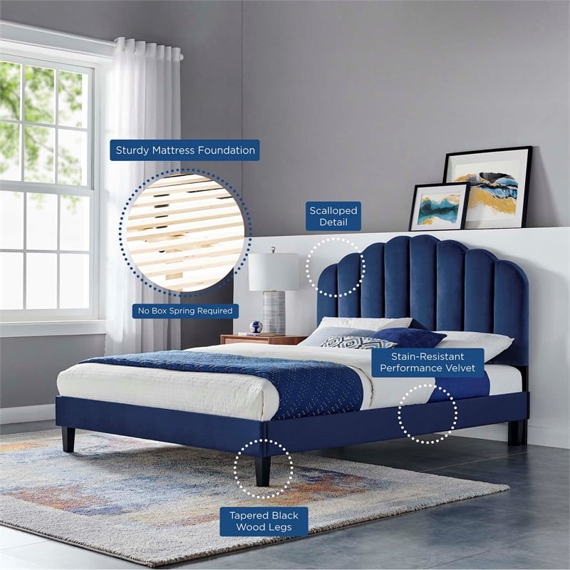 Pemberly Row Modern Performance Velvet Full Platform Bed in Navy