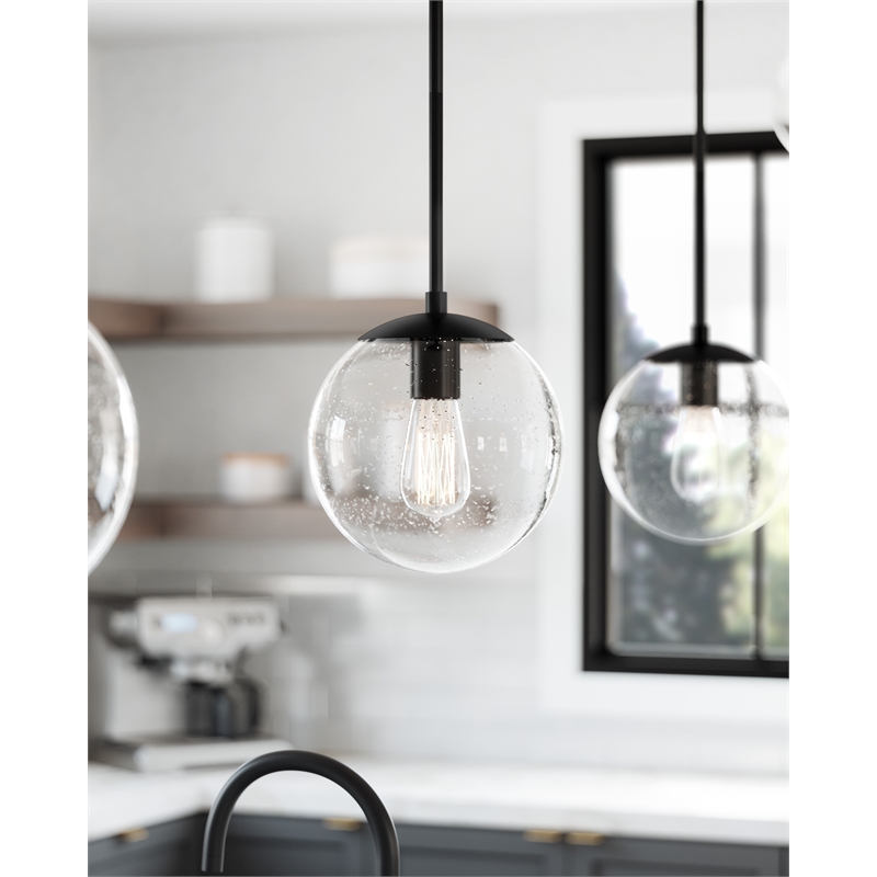 Pemberly Row Pendant Light with Clear Seedy Glass Globe Shade in Matte Black
