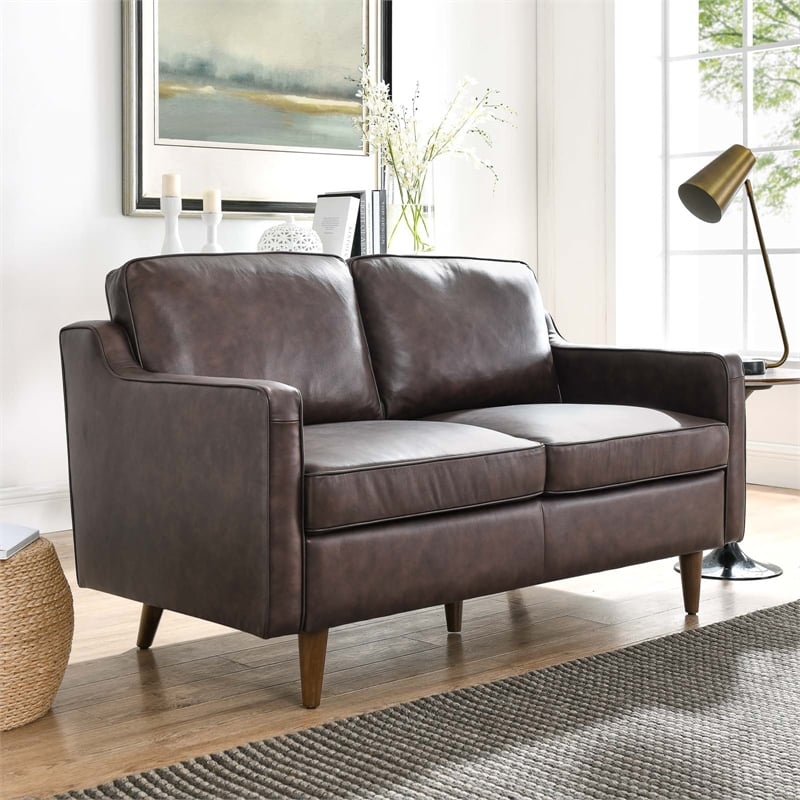 Pemberly Row Modern Cushion Back Genuine Leather Upholstered Loveseat in Brown