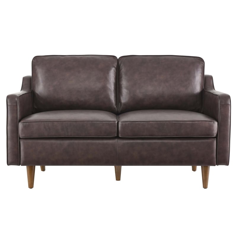 Pemberly Row Modern Cushion Back Genuine Leather Upholstered Loveseat in Brown