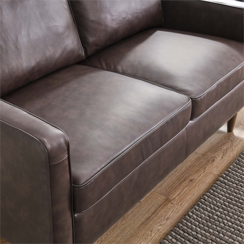 Pemberly Row Modern Cushion Back Genuine Leather Upholstered Loveseat in Brown