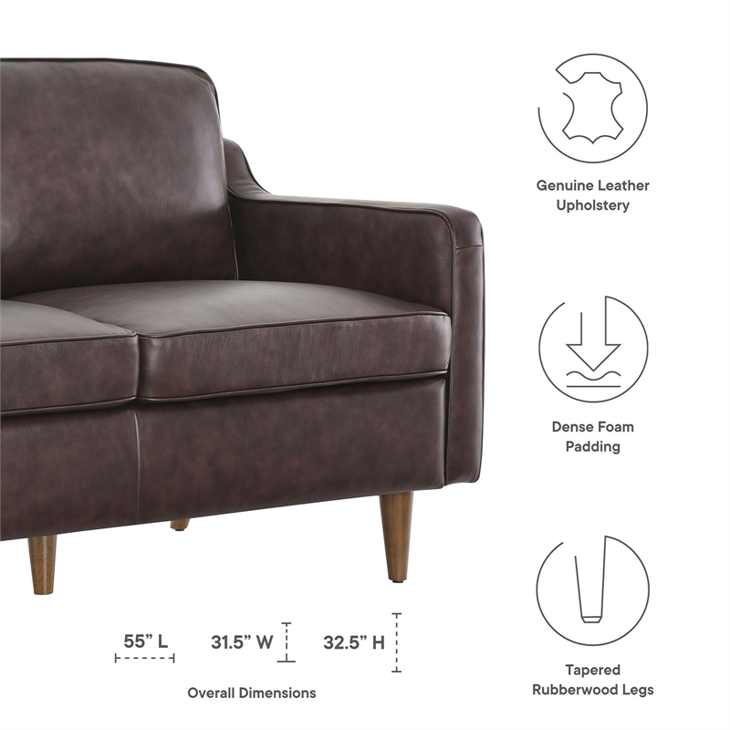 Pemberly Row Modern Cushion Back Genuine Leather Upholstered Loveseat in Brown