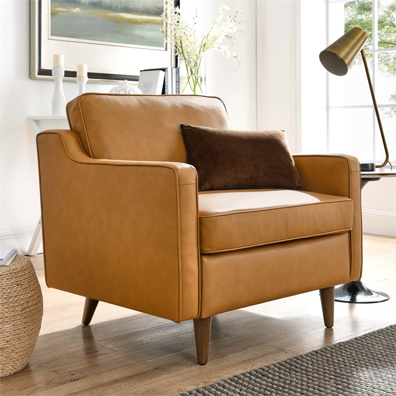 Pemberly Row Modern Genuine Leather Upholstered Armchair in Tan