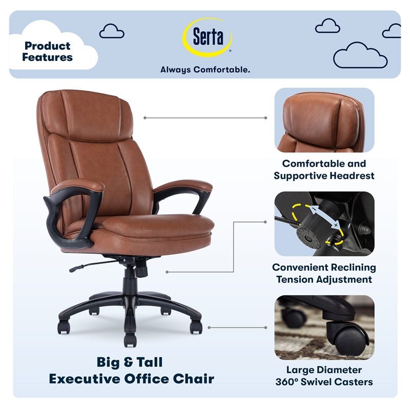 Pemberly Row Big and Tall Executive Office Chair Cognac Bonded Leather