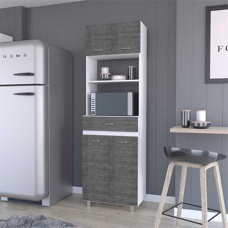 Pemberly Row Engineered Wood Microwave Pantry Cabinet in Smokey Oak/White