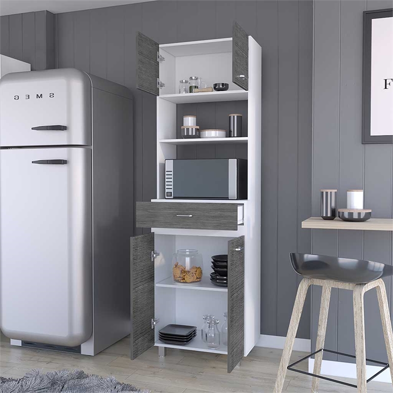 Pemberly Row Engineered Wood Microwave Pantry Cabinet in Smokey Oak/White