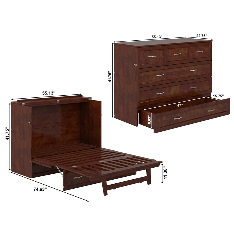 Pemberly Row Full Solid Wood Modern Murphy Bed Chest with Mattress in Walnut