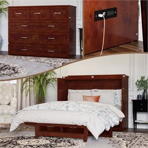 Pemberly Row Full Solid Wood Modern Murphy Bed Chest with Mattress in Walnut