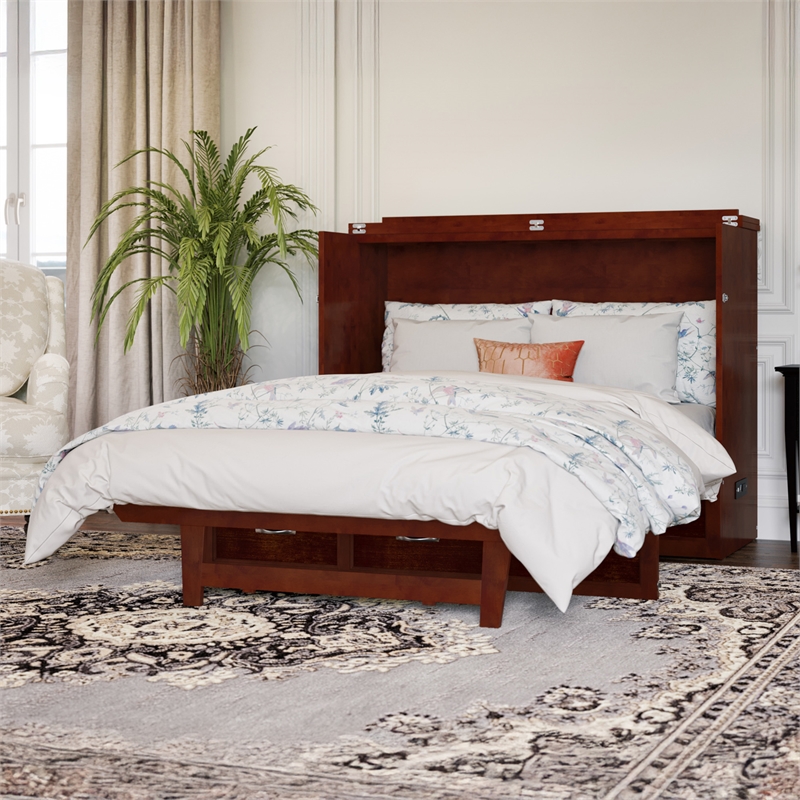 Pemberly Row Full Solid Wood Modern Murphy Bed Chest with Mattress in Walnut