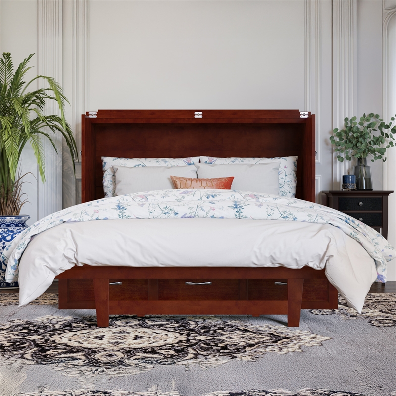 Pemberly Row Full Solid Wood Modern Murphy Bed Chest with Mattress in Walnut